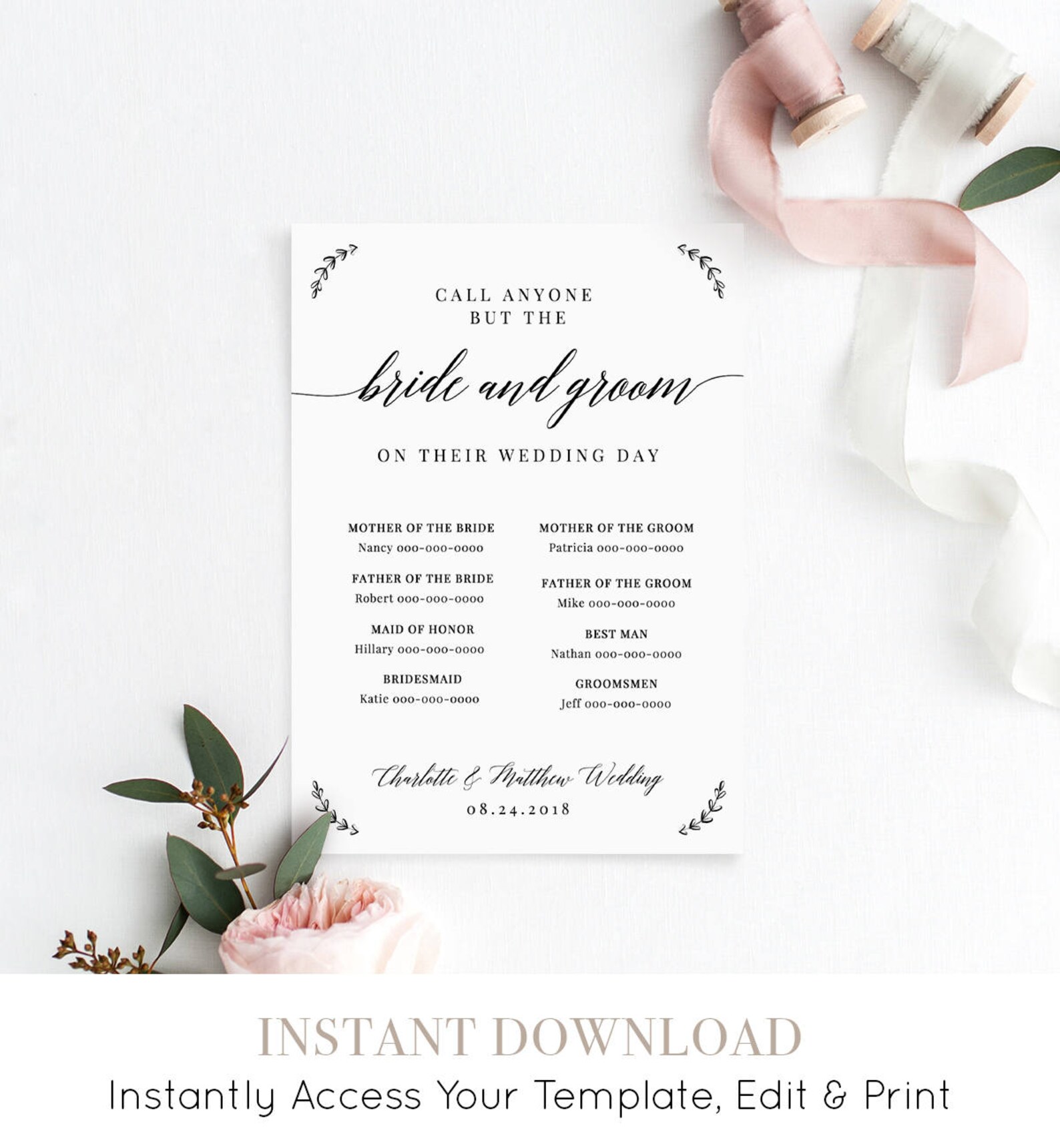 Call Anyone but the Bride Template Wedding Contact Contact | Etsy