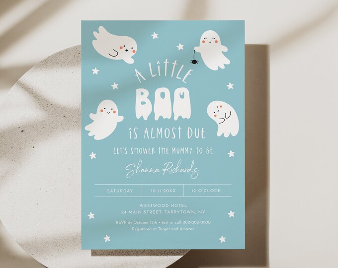 Halloween Baby Shower Invitation, A Little Boo Almost Due, Baby Boy, Ghost, Spooky, Editable Template, Instant Download, Templett 0001-229BA
