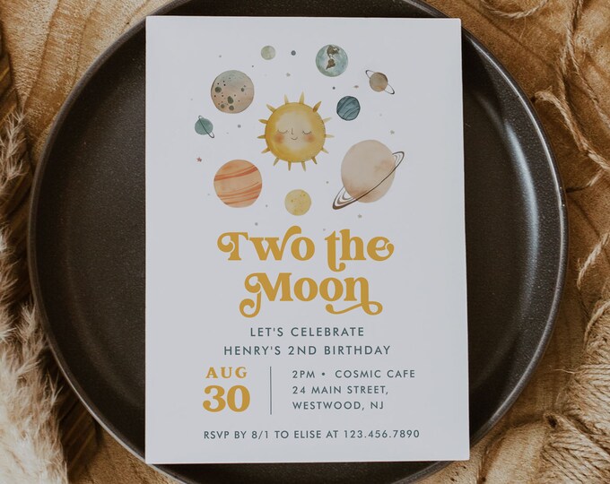 Space Birthday Party Invitation, 2nd Birthday, Two the Moon, Planets, Galaxy, Editable Template, Instant Download, Templett #0052A-141BD