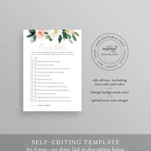May include: A printable wedding game with a floral design. The game is called "Over or Under" and asks guests to guess whether the number in each question is over or under a certain amount. The game includes questions about the bride and groom, such as their age, the number of bridesmaids, and the number of days until the wedding.