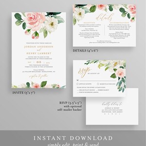 Editable Wedding Invitation Template, Printable Invite, RSVP, Details, Blush Boho Florals, Greenery and Gold, INSTANT DOWNLOAD, DiY #043D image 2
