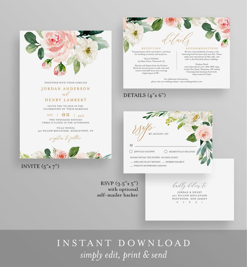 Editable Wedding Invitation Template, Printable Invite, RSVP, Details, Blush Boho Florals, Greenery and Gold, INSTANT DOWNLOAD, DiY #043D image 2