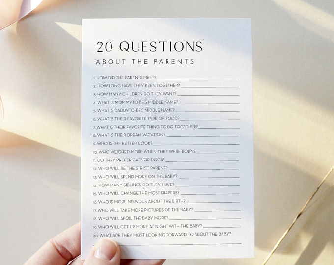 20 Questions About the Parents, Twenty Questions Game, Minimalist Baby Shower, Editable Text, Instant Download, Templett, 5x7 #0026B-41BAG