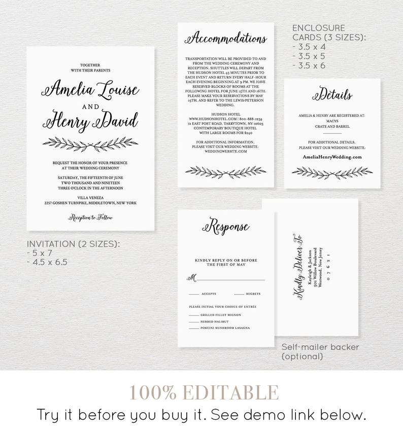 Wedding Invitation Set, Pocket Fold, Printable Calligraphy Invite & Enclosure Cards, Instant Download, 100% Editable Template, Templett 012 image 2