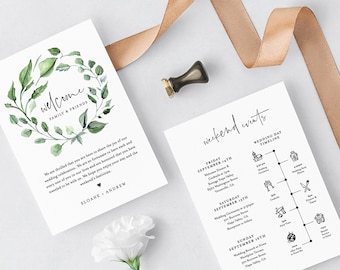 Welcome Letter & Timeline Template, Greenery Wedding Bag Itinerary, Agenda, Order of Events, INSTANT DOWNLOAD, 100% Editable Text #059-116WB