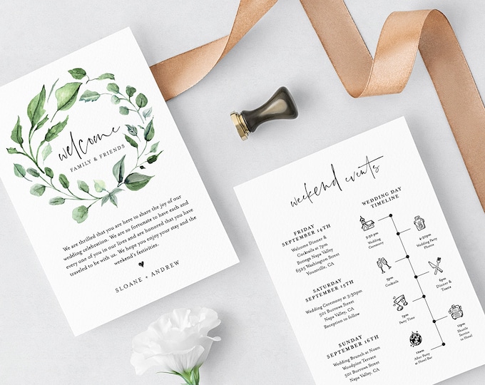 Welcome Letter & Timeline Template, Greenery Wedding Bag Itinerary, Agenda, Order of Events, INSTANT DOWNLOAD, 100% Editable Text #059-116WB