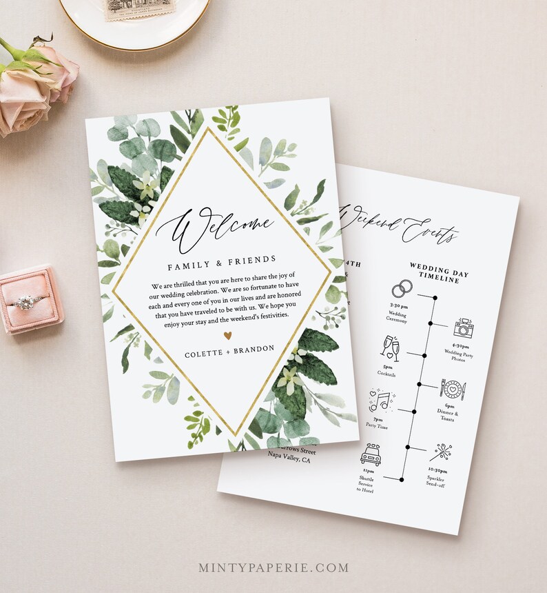 Welcome Letter & Timeline Template, Wedding Order of Events, Welcome Bag Note and Itinerary, INSTANT DOWNLOAD, 100% Editable Text 082-122WB image 1