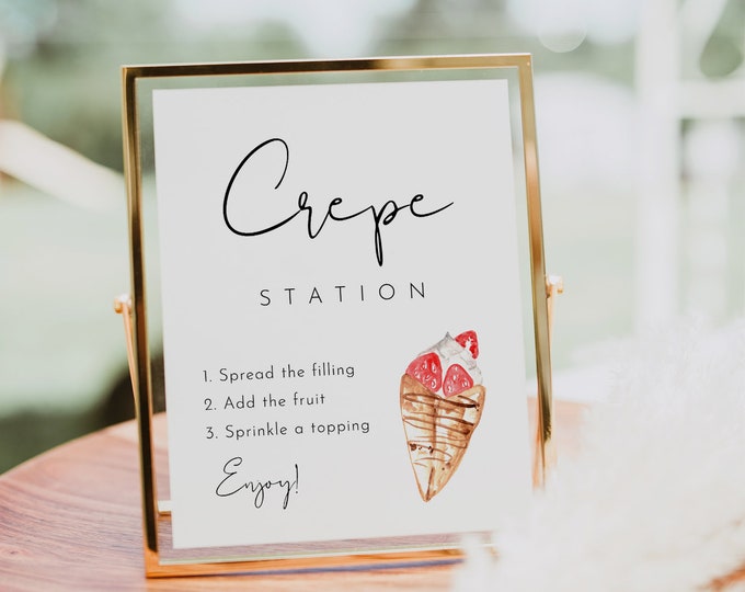 Crepe Station Sign, Wedding Crepe Bar, Bridal Shower Crepe Sign, Pancake, Dessert Menu, Minimalist, Editable, Instant, Templett #0031-58S