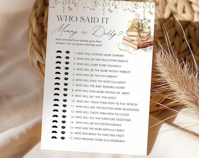 Who Said It, Mommy or Daddy Game, Story Book Baby Shower, Gender Neutral, Editable Template, Instant Download, Templett, 5x7 #0066-28BAG