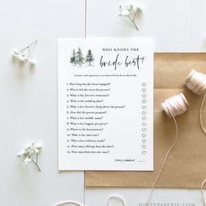 Bridal Shower Game Bundle, 12 Editable Templates, INSTANT DOWNLOAD, Customize Name & Questions, Winter Pine Bridal Games, Templett 073BGB image 4