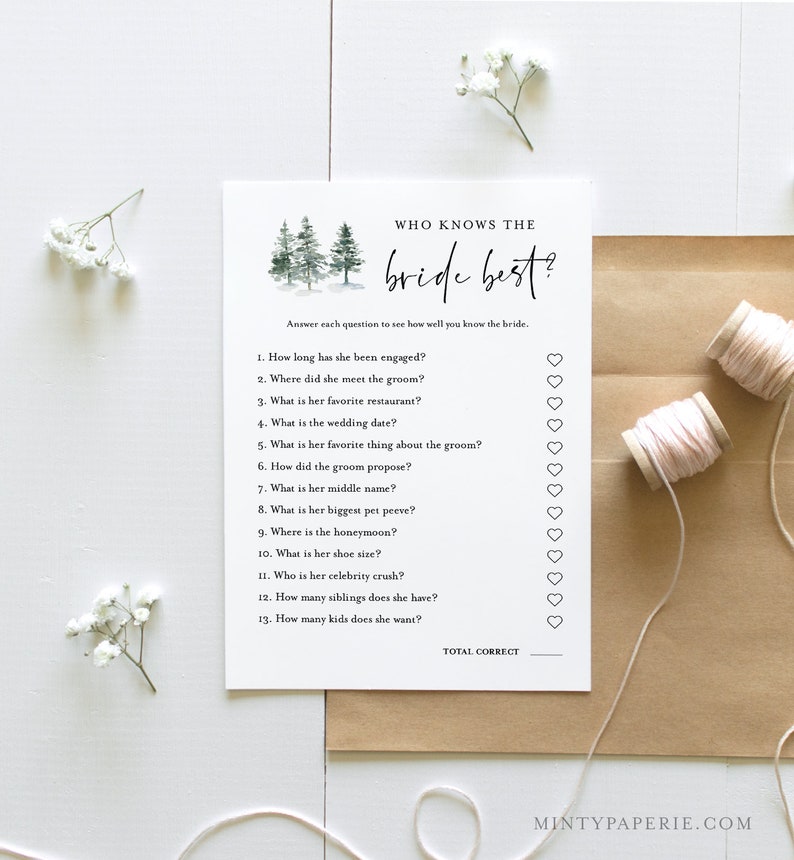 Bridal Shower Game Bundle, 12 Editable Templates, INSTANT DOWNLOAD, Customize Name & Questions, Winter Pine Bridal Games, Templett 073BGB image 4