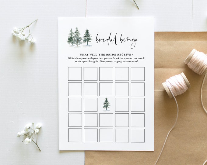 Bridal Bingo Game, Winter Pine Bridal Shower Printable, Rustic Bingo Game Template, Instant Download, Editable, Templett #073-248BG