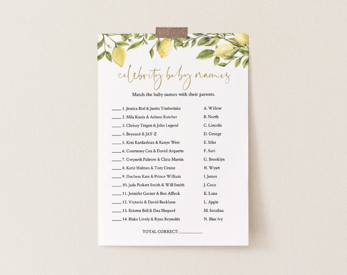 Celebrity Baby Name Game, Printable Baby Shower Game, Summer Citrus Lemon Greenery, Editable Template, Instant Download Templett 089-106BASG