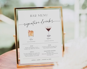 Signature Drinks Bar Sign, 200+ Cocktails, Wine, Beer, His and Her Drink, Editable Minimalist Bar Menu, Alcohol, Instant, Templett #0032-11S