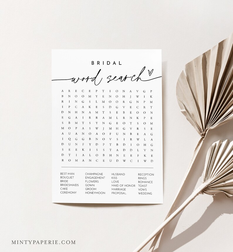 May include: A printable bridal word search puzzle with a white background and black text. The puzzle features words related to weddings, such as "reception", "bride", "groom", and "wedding".