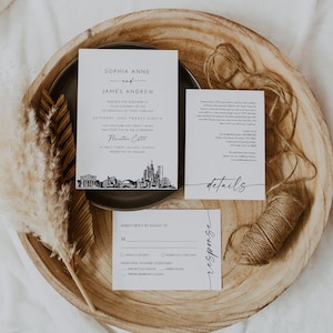 Ensemble de faire-part de mariage à Chicago, ligne d'horizon de Chicago Illinois, carte photo, modèle modifiable, invitation incluse, RSVP, détails, Templett #0047