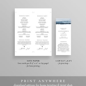 May include: A set of wedding stationery, including a wedding party program, a ceremony program, and a save-the-date card. The designs feature elegant fonts and watercolour accents in blue and white. The text includes wedding party names and ceremony details.