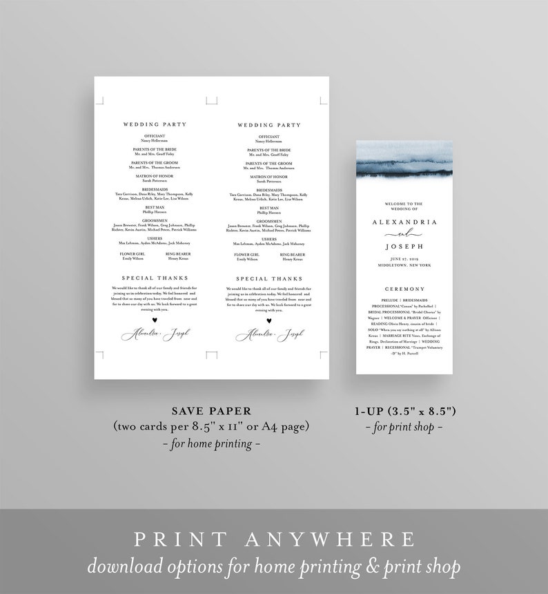 May include: A set of wedding stationery, including a wedding party program, a ceremony program, and a save-the-date card. The designs feature elegant fonts and watercolour accents in blue and white. The text includes wedding party names and ceremony details.