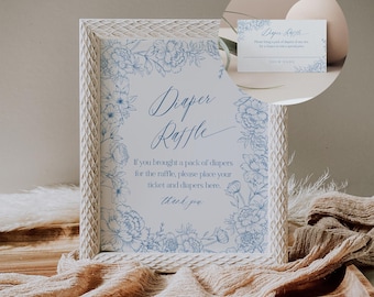 French Toile Diaper Raffle Game, Printable Blue Boy Baby Shower Diaper Raffle Insert & Sign, Editable Template, Instant Download #0062-20BAG