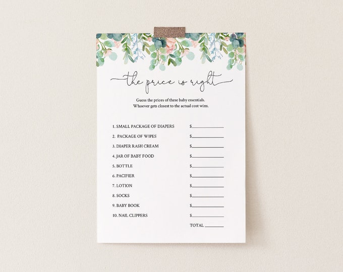 The Price Is Right Baby Shower Game Template, Lush Garden Greenery Printable, 100% Editable Text, Instant Download, Templett #068A-155BASG