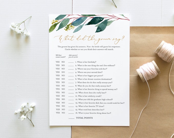 What Did the Groom Say Bridal Shower Game, Winter Greenery, Printable, Editable Template, Personalize Questions, Instant Download #044-117BG