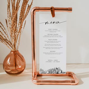 Menu de Las Vegas, carte de menu imprimable pour le dîner de mariage sur les toits de la ville de Vegas, modèle modifiable, téléchargement immédiat, Templett #0047-231WM