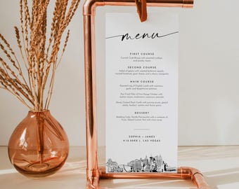 Las Vegas Menu, Printable Vegas City Skyline Wedding Dinner Menu Card, Editable Template, Instant Download, Templett #0047-231WM