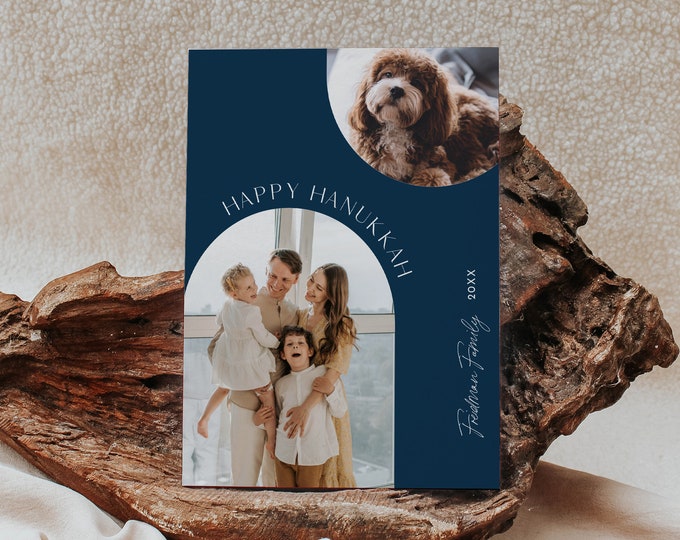 Happy Hanukkah Photo Card, Modern Arch, Minimalist Hanukkah Holiday Card, Editable Template, Instant Download, Templett, 5x7 #165HP