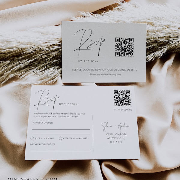 QR Code RSVP Card Template, Wedding Response, Online Reply Card, 100% Editable Template, Minimalist, Digital Download, Templett #0026-RSVP