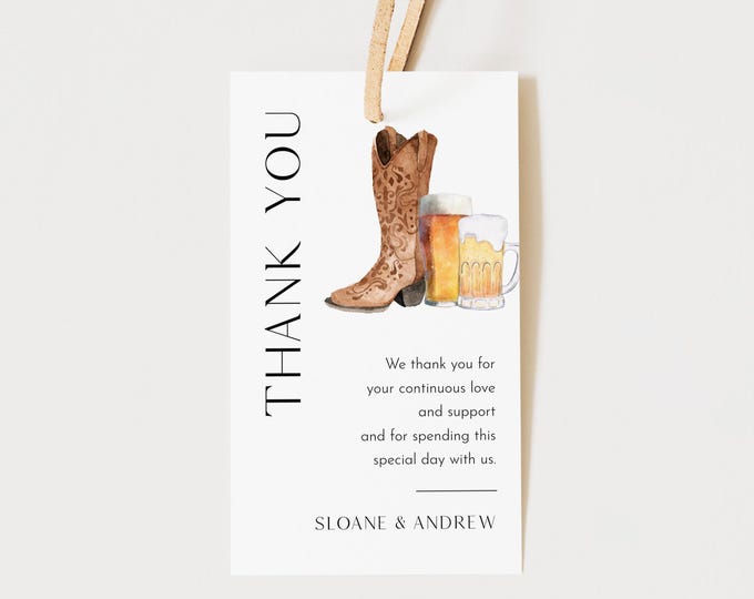 Boots and Brews Favor Tag for Bridal Shower or Wedding, Western, Beer Thank You Tag, Editable Text, Templett, 2x3.5 #0026G-210FT