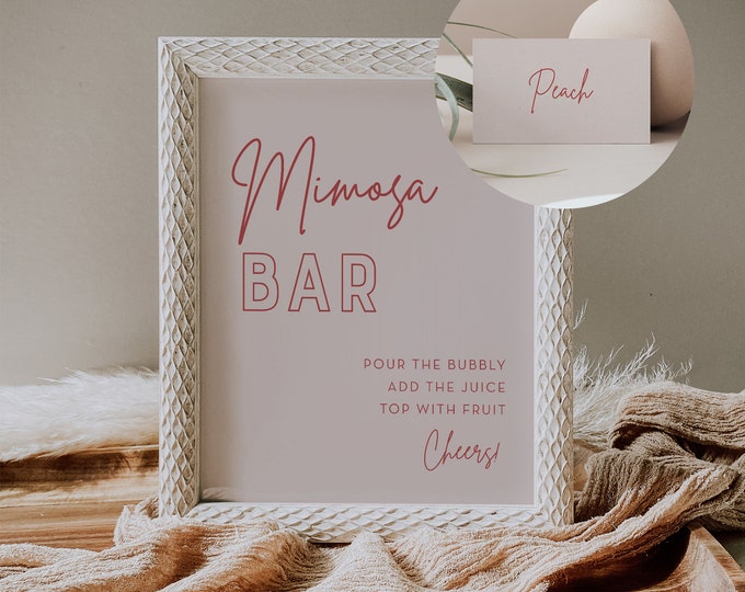 Mimosa Bar Sign & Tag, Bridal Shower Mimosa Sign, Wedding Mimosa Bar, Bubbly Bar, Editable Template, Instant Download, Templett #055-30S