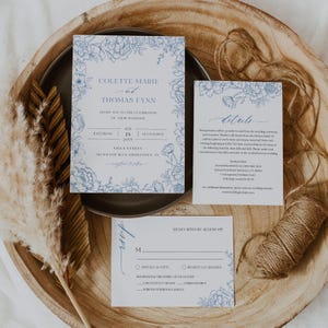 French Toile Wedding Invitation Set, Vintage Blue Florals, Chinoiserie, Wedding Invite, RSVP, Detail, Editable Template, Templett #0062A