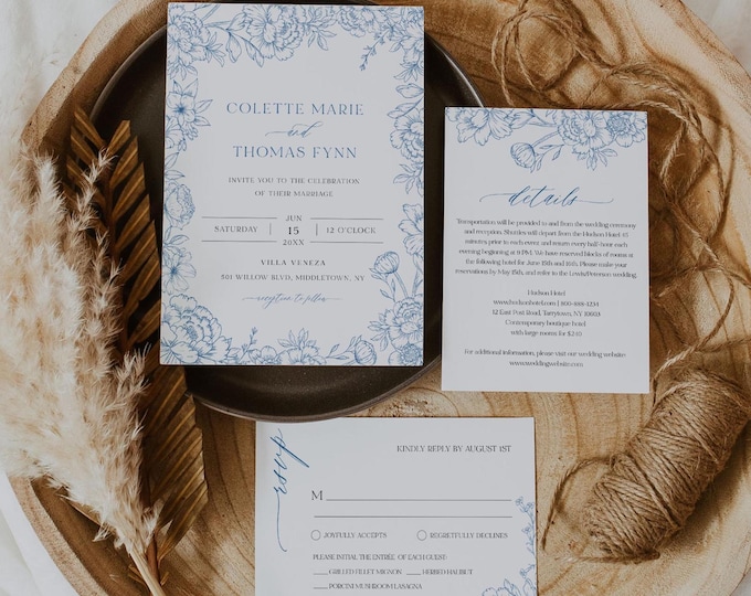 French Toile Wedding Invitation Set, Vintage Blue Florals, Chinoiserie, Wedding Invite, RSVP, Detail, Editable Template, Templett #0062A