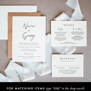 May include: Wedding invitation suite with a white background and black text. The invitation card features the names "Narmi + George" and the wedding date "Saturday, June Twenty Eighth, Two Thousand and Twenty". The reception details are listed on a separate card with the text "Reception at The Story Haz, 500 Willow Boulevard, Middletown, New York". The RSVP card includes a choice of "Joyfully Accepts" or "Regretfully Declines" with a list of meal options.