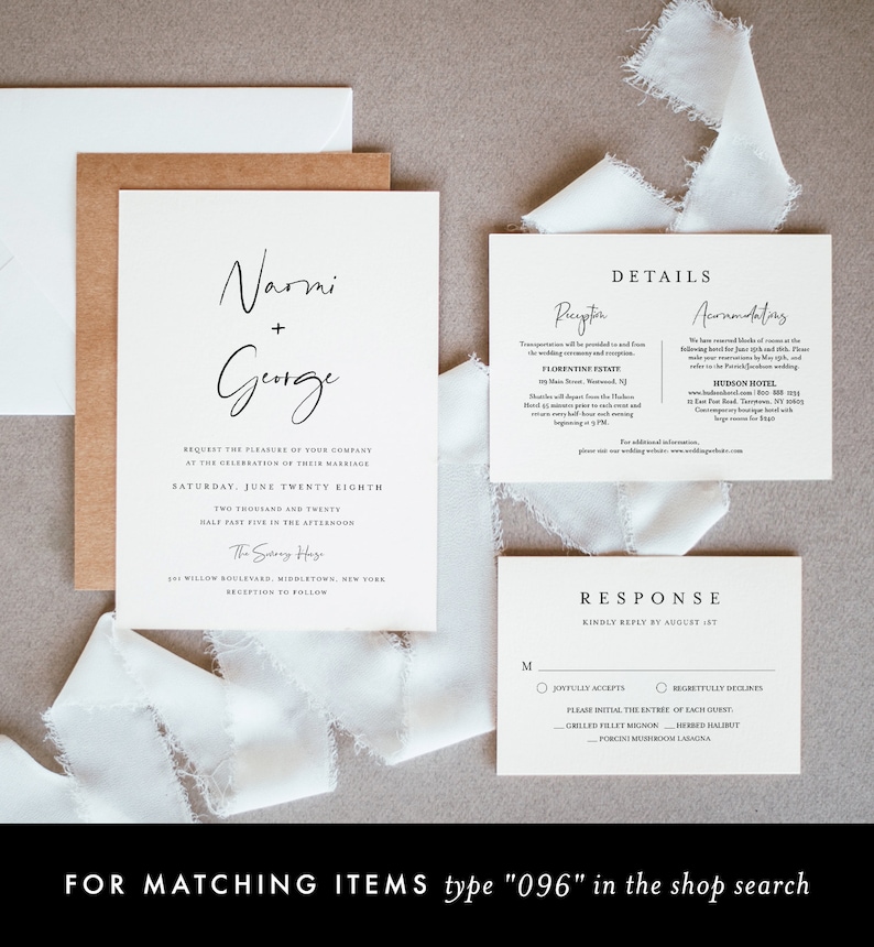May include: Wedding invitation suite with a white background and black text. The invitation card features the names "Narmi + George" and the wedding date "Saturday, June Twenty Eighth, Two Thousand and Twenty". The reception details are listed on a separate card with the text "Reception at The Story Haz, 500 Willow Boulevard, Middletown, New York". The RSVP card includes a choice of "Joyfully Accepts" or "Regretfully Declines" with a list of meal options.