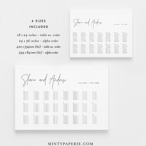 May include: A wedding seating chart template with the names "Sloane and Andrew" at the top. The chart is divided into tables with numbers and guest names. The chart is available in four sizes: 18 x 24 inches, 24 x 36 inches, 420 x 594mm (A2), and 594 x 841mm (A1).