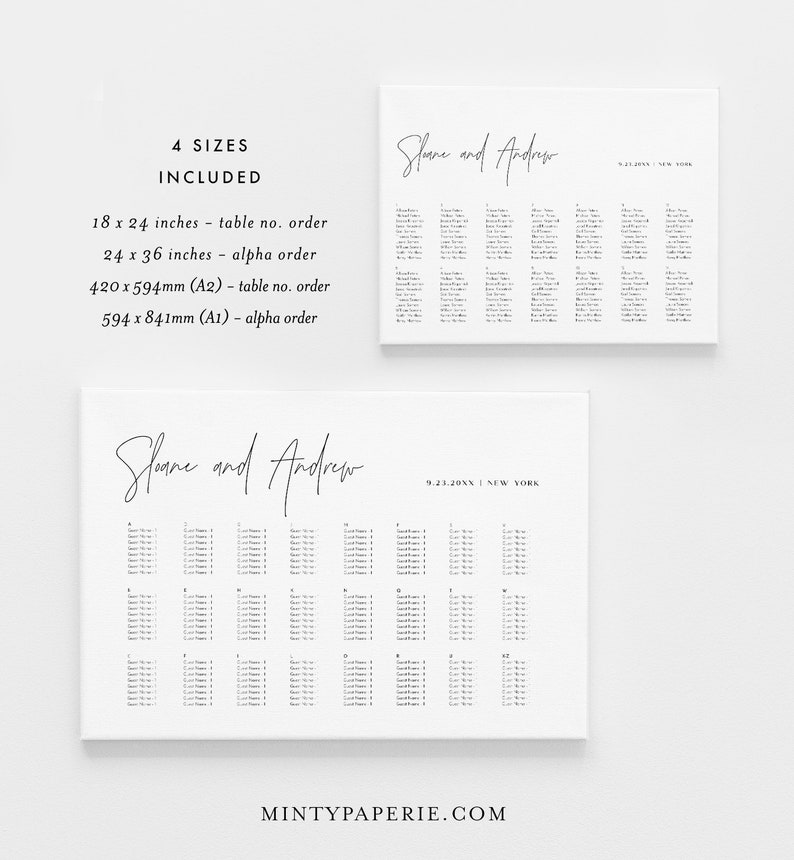 May include: A wedding seating chart template with the names "Sloane and Andrew" at the top. The chart is divided into tables with numbers and guest names. The chart is available in four sizes: 18 x 24 inches, 24 x 36 inches, 420 x 594mm (A2), and 594 x 841mm (A1).