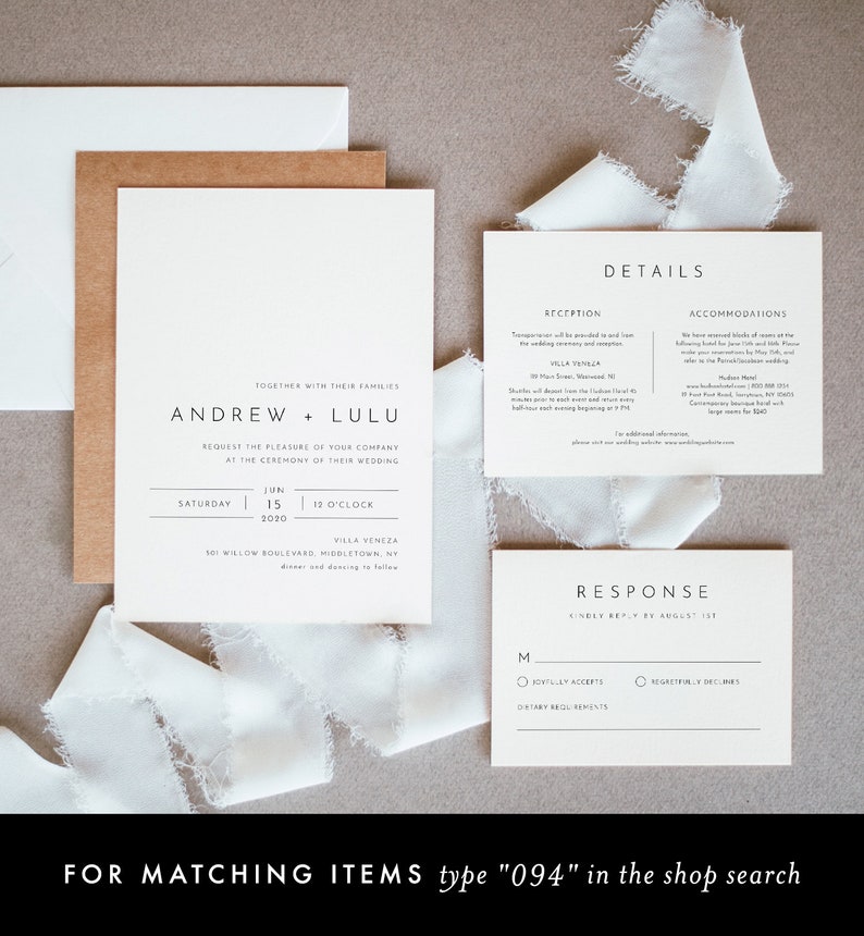 May include: Wedding invitation suite with a white background and black text. The invitation features the names Andrew and Lulu, the date June 15, 2020, and the time 12 o'clock. The reception details include the venue Villa Veneza, the address 501 Willow Boulevard, Middletown, NY, and the RSVP deadline August 1, 2018.