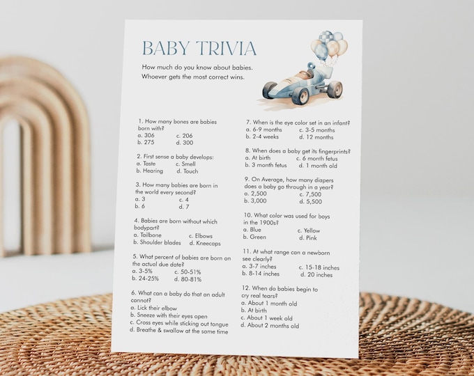 Baby Shower Trivia Game, Baby Trivia Game, Vintage Race Car Boy Baby Shower, Little Racer, Editable Template, Templett #0068-01BAG