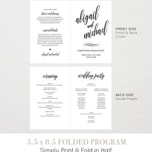 以下が含まれることがあります： 白黒のデザインの結婚式プログラムテンプレート。表紙には「abigail and michael」という名前が筆記体で書かれています。裏表紙には、式典と結婚式のパーティーの詳細が記載されています。プログラムは14cm x 21.5cmで、半分に折りたたむように設計されています。