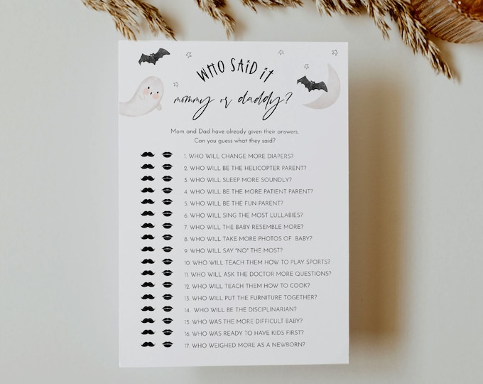 Halloween Who Said It, Mommy or Daddy Game, Fall Baby Shower, Editable Template, Instant Download, Templett, 5x7 #066-383BASG