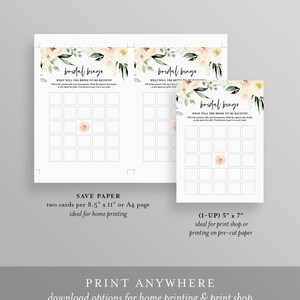 May include: Two printable bridal shower bingo cards with a floral design. The cards are 8.5 inches by 11 inches and are ideal for home printing. The text on the cards reads "bridal bingo" and "What will the bride-to-be receive?"