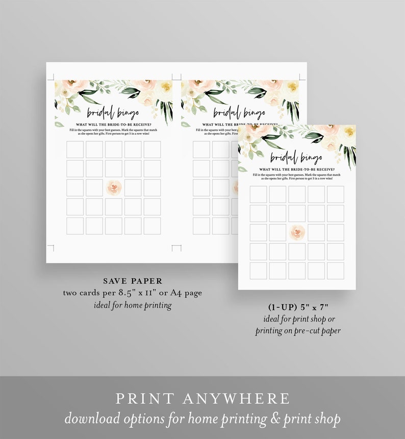 May include: Two printable bridal shower bingo cards with a floral design. The cards are 8.5 inches by 11 inches and are ideal for home printing. The text on the cards reads "bridal bingo" and "What will the bride-to-be receive?"