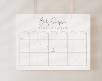 Minimalist Baby Due Date Calendar Sign, Guess the Birthday Baby Shower Game, Editable Template, Instant Download, Templett #0031-112GDD