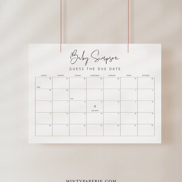 Minimalistisches Baby Due Date Kalender Zeichen, Errate den Geburtstag Baby Shower Spiel, bearbeitbare Vorlage, Sofort Download, Templett #0031-112GDD