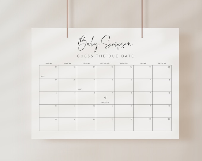 Minimalist Baby Due Date Calendar Sign, Guess the Birthday Baby Shower Game, Editable Template, Instant Download, Templett #0031-112GDD