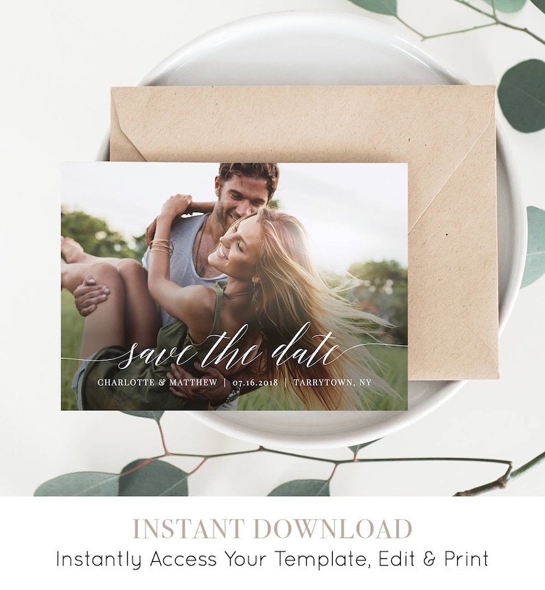 Photo Save the Date, Printable Wedding Save the Date Card, 100% Editable Template, Modern Calligraphy, Instant Download, Templett 034-203SD image 1