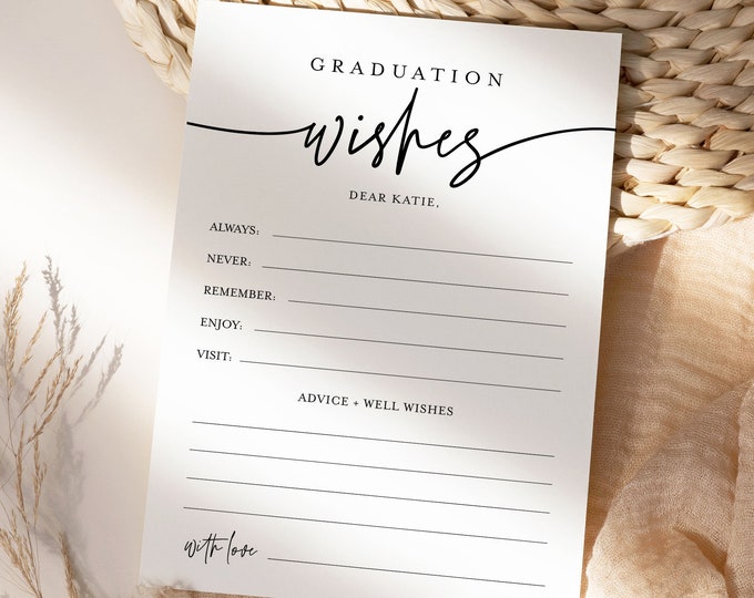 Graduation Wishes Card, Minimalist Graduation Party Game Advice, 100% Editable Template, INSTANT DOWNLOAD, Templett, 5x7 #0009-140AC