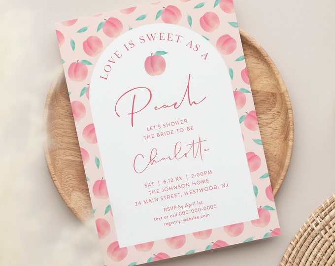 Peach Bridal Shower Invitation, Sweet as a Peach, Summer Bridal Shower Invite, Editable Template, Instant Download, Templett #0042-344BS