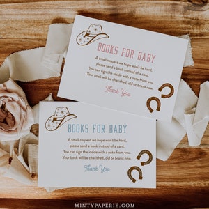 Western Books for Baby Card, Cowboy or Cowgirl Book Request, Rodeo Baby Shower Invitation Book Insert, Editable Text, Templett #0040-163BFB
